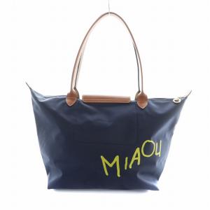 Longchamp Le Pliage Miaou プリアージュ トートバッグ ハンド ロゴ ナイロン レザー 紺 ネイビー