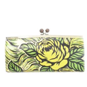 長財布 ロングウォレット がま口 小銭入れあり レザー 薔薇 バラ ローズ  総柄 黄 イエロー /AH6