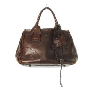 ハンドバッグ レザー 革 メダリオン スカラップ ロゴ型押し 蝶ストラップ付き 茶 ブラウン /CK2