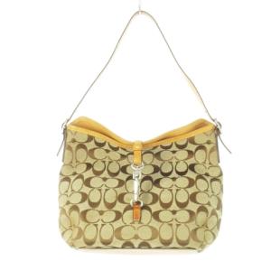 ハンドバッグ ワンショルダー キャンバス レザー 革 シグネチャー ピンチロック 茶 ブラウン 6845