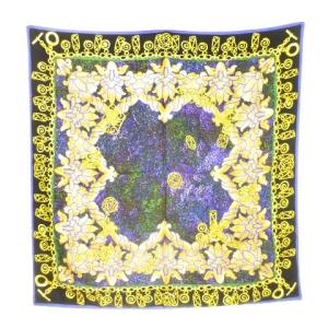 スカーフ 大判 シルク 絹 チェーン モザイク フラワー 花柄 総柄 黄 イエロー 紫 パープル /AH22