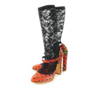 ストラップパンプス レースソックス ハイヒール ラウンドトゥ ジャカード 花柄 ドット 大きいサイズ 38.5