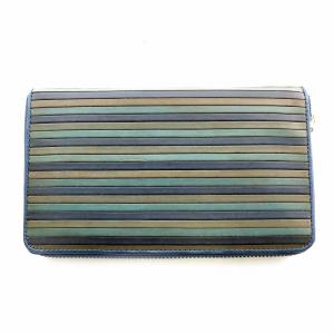 MISSONI 長財布 小銭入れあり ボーダー柄 レザー 皮革 ロゴ ラウンドファスナー 紺 ネイビー 緑 グリーン 黄