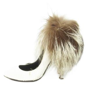 パンプス ハイヒール ポインテッドトゥ パイソンレザー 蛇革 リアルファー フォックス ボリューム 38