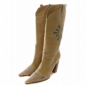 ウエスタンブーツ レザー ロング ポインテッドトゥ ステッチ 38 25cm 茶色 ブラウン /XZ GY17