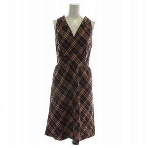 ワンピース ノースリーブ ひざ丈 チェック柄 Vネック 36 S 茶色 ブラウン ピンク /XZ GY42
