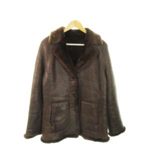 ムートンコート ミドル丈 毛皮 テーラーカラー 総柄 大きいサイズ 42 XL 茶 ブラウン /MN14