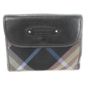 二つ折り財布 ウォレット 小銭入れあり キャンバス レザー 革 ロゴ型押し チェック 紫 パープル /CK29