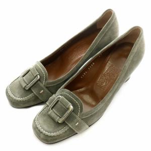 パンプス スエード レザー 皮革 ヒール スクエアトゥ 7D 25.5 灰 グレー 銀 シルバー 0346820