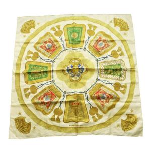 カレ90 Poste et Cavalerie サーベル飾り袋 大判 スカーフ ストール 総柄 ロゴ 黄