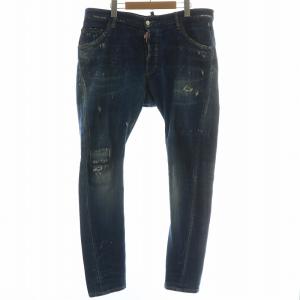 デニムパンツ ジーンズ テーパード ダメージ加工 ペイント加工 ボタンフライ ロゴ 48 M 青 ブルー