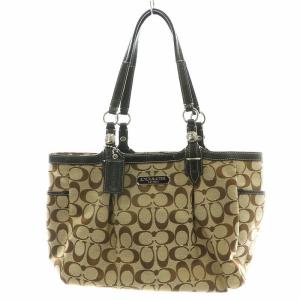 トートバッグ ハンドバッグ キャンバス レザー 皮革 シグネチャー ロゴ シルバー金具 茶 ブラウン 