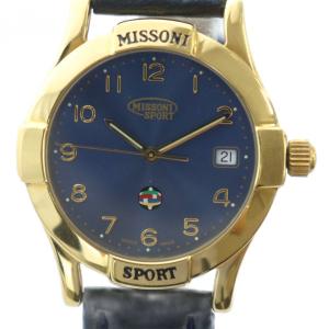 腕時計 ウォッチ クォーツ カレンダー付き ロゴ 青文字盤 レザーベルト ゴールド色 GY18 /MQ