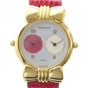 腕時計 ウォッチ クォーツ リボン デュアルタイム ピンクシェル ホワイトシェル レザーベルト ゴールドカラー