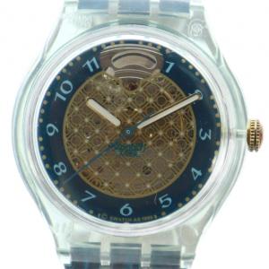 腕時計 ウォッチ 自動巻き スケルトン クリア ロゴ レザーベルト 青 ブルー GY11 /MQ