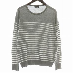 ニット セーター 長袖 クルーネック ボーダー M グレー 白 ホワイト /XZ GY18