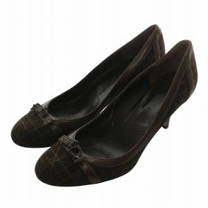 パンプス スエード レザー ラウンドトゥ ハイヒール リボン ステッチ ロゴチャーム 38 25cm 茶色