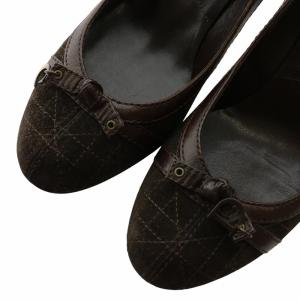 Christian Dior パンプス スエード レザー ラウンドトゥ ハイヒール リボン ステッチ ロゴチャーム 38 25cm 茶色