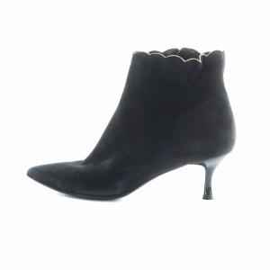 ブーティ ショートブーツ サイドジップ スエード レザー ロゴ ポインテッドトゥ 8.5 22cm 黒