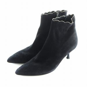 Salvatore Ferragamo ブーティ ショートブーツ サイドジップ スエード レザー ロゴ ポインテッドトゥ 8.5 22cm 黒