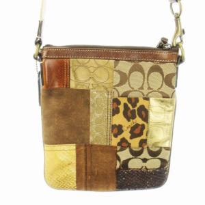 COACH ショルダーバッグ レザー 革 スエード キャンバス パッチワーク シグネチャー 茶 ブラウン 40915