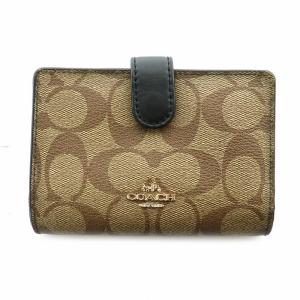 二つ折り財布 小銭入れあり レザー 皮革 シグネチャー ロゴ ベージュ 茶 ブラウン 黒 ブラック F23553