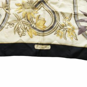 HERMES カレ90 Caraibes カリブ鳥 大判 スカーフ ストール ロゴ 総柄 花柄 ベージュ GY18 /MQ