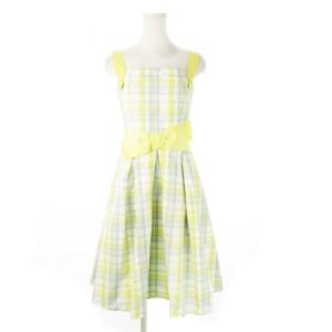 ワンピース ひざ丈 ノースリーブ ウエストマーク リボン フィット&フレア チェック 38 M 黄 イエロー