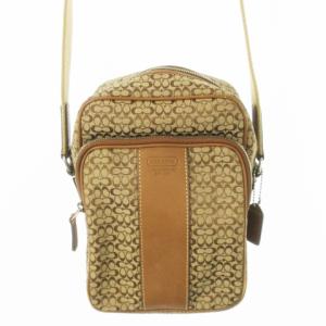 ショルダーバッグ キャンバス レザー 革 シグネチャー ストライプ ロゴ型押し 茶 ブラウン 4274