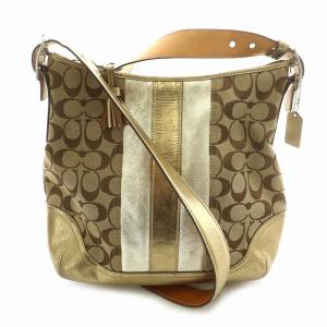 ショルダーバッグ クロスボディ キャンバス レザー 皮革 シグネチャー ストライプ 総柄 ロゴ 茶 ブラウン