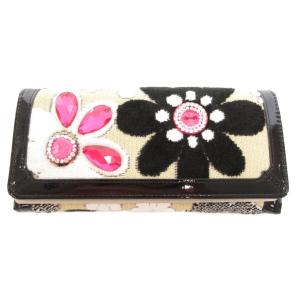 マーガレット2 長財布 二つ折り 花柄 スワロフスキー 黒 ブラック ピンク /UO