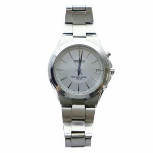 SEIKO ラジオウェーブコントロール 腕時計 ウォッチ ソーラー 白文字盤 ロゴ カレンダー付き シルバー色 7B42-0AL0