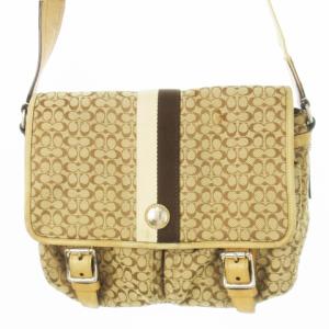 ショルダーバッグ ツインベルトフラップ キャンバス レザー 革 シグネチャー ストライプ ロゴ ベージュ