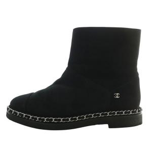 CHANEL ムートンブーツ チェーン ココマーク 38 ブラック