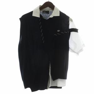 23SS アシンメトリー ニット ドッキング シャツ ウール 半袖 ノースリーブ ロゴ 刺繍 1 S 紺