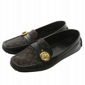 ドライビングシューズ ローファー エナメル キャンバス スクエアトゥ モノグラム ロゴ ゴールド金具 36.5