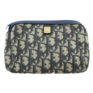 ポーチ ジャガード レザー トロッター ロゴ プレート金具 メタルパーツ ベージュ 紺 ネイビー 金色