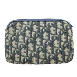 Christian Dior ポーチ ジャガード レザー トロッター ロゴ プレート金具 メタルパーツ ベージュ 紺 ネイビー 金色