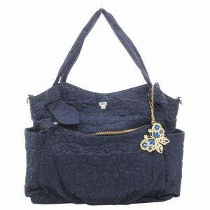 ハンドバッグ トート 肩掛け ロゴ キルティング チャーム付 バタフライ柄 ナイロン 紺 ネイビー /GV