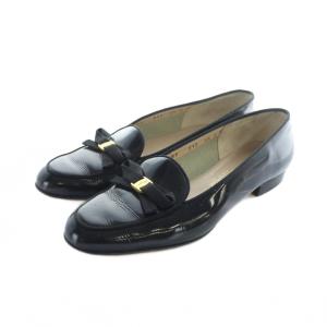 パンプス レザー ヴァラ リボン ヒール ロゴ 6.5 24cm 黒 ブラック GY11 /MQ