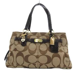 18966 シグネチャー ハンドバッグ トート 肩掛け キャンバス レザー ベージュ 茶 ブラウン /UO