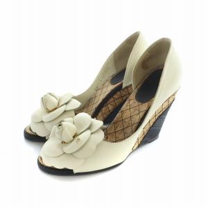 パンプス レザー ロゴ ウェッジソール オープントゥ 35.5 22.5cm アイボリー GY18 /MQ