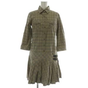 ワンピース シャツ 七分袖 ひざ丈 プリーツ ノバチェック 総柄 ベルト 38 M ベージュ E1J09-136-45