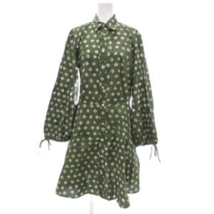 ワンピース 長袖 ひざ丈 シャツワンピース リボン 総柄 花がら 2 緑 グリーン /JS GY18