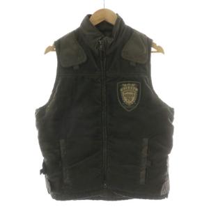 中綿ベスト アウター コーデュロイ ロゴ ワッペン ジップアップ ダブルジップ M 灰 グレー 茶 ブラウン