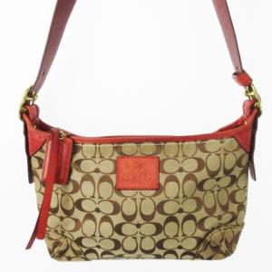 ショルダーバッグ キャンバス レザー 革 シグネチャー ロゴ型押し 赤 レッド F0868-12594