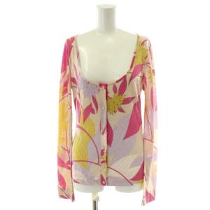カーディガン アウター クルーネック シルク 絹 フラワー柄 総柄 38 S ピンク ベージュ 黄 イエロー