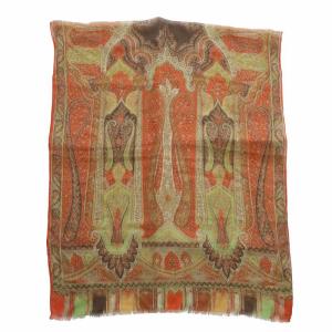 ストール スカーフ 薄手 絹 シルク ペイズリー柄 総柄 フリンジ オレンジ 茶色 ブラウン /XZ GY18