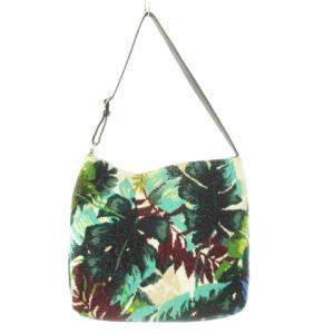 ハンドバッグ ワンショルダー シュニール織り パイル レザー 革 リゾート ボタニカル リーフ 緑 グリーン