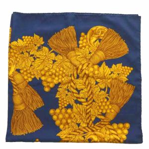 CHANEL スカーフ 絹 シルク ぶどう柄 タッセル 総柄 ココマーク ロゴ 紺 ネイビー ゴールド色 /XZ OH